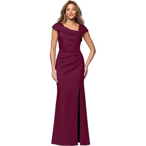 Xscape Women’s Asymmetrical Neck Cap Sleeve Ruched High Slit Gown (Petite)(Raisin)