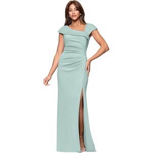 Xscape Women’s Asymmetrical Neck Cap Sleeve Ruched High Slit Gown (Petite)(Sage)
