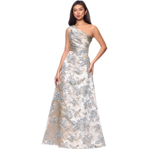 Xscape Women’s Brocade One Shoulder Sleeveless Floor Length Dress (Petite)(Sage/Gold)