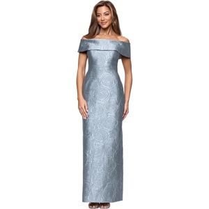 Xscape Women’s Jacquard Off the Shoulder Floor Length Dress (Petite)(Slate)