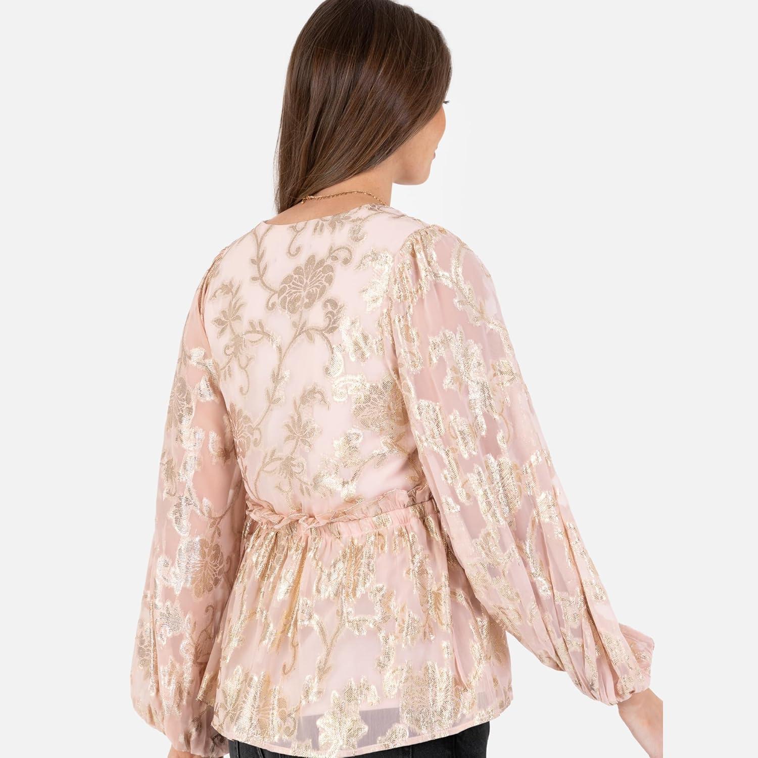 imageLovedrobe Haut Manches Longues pour Femme Col en V Motif Floral Dor Jacquard Ctel Taille Plisse Blouse Femme Lot de 1