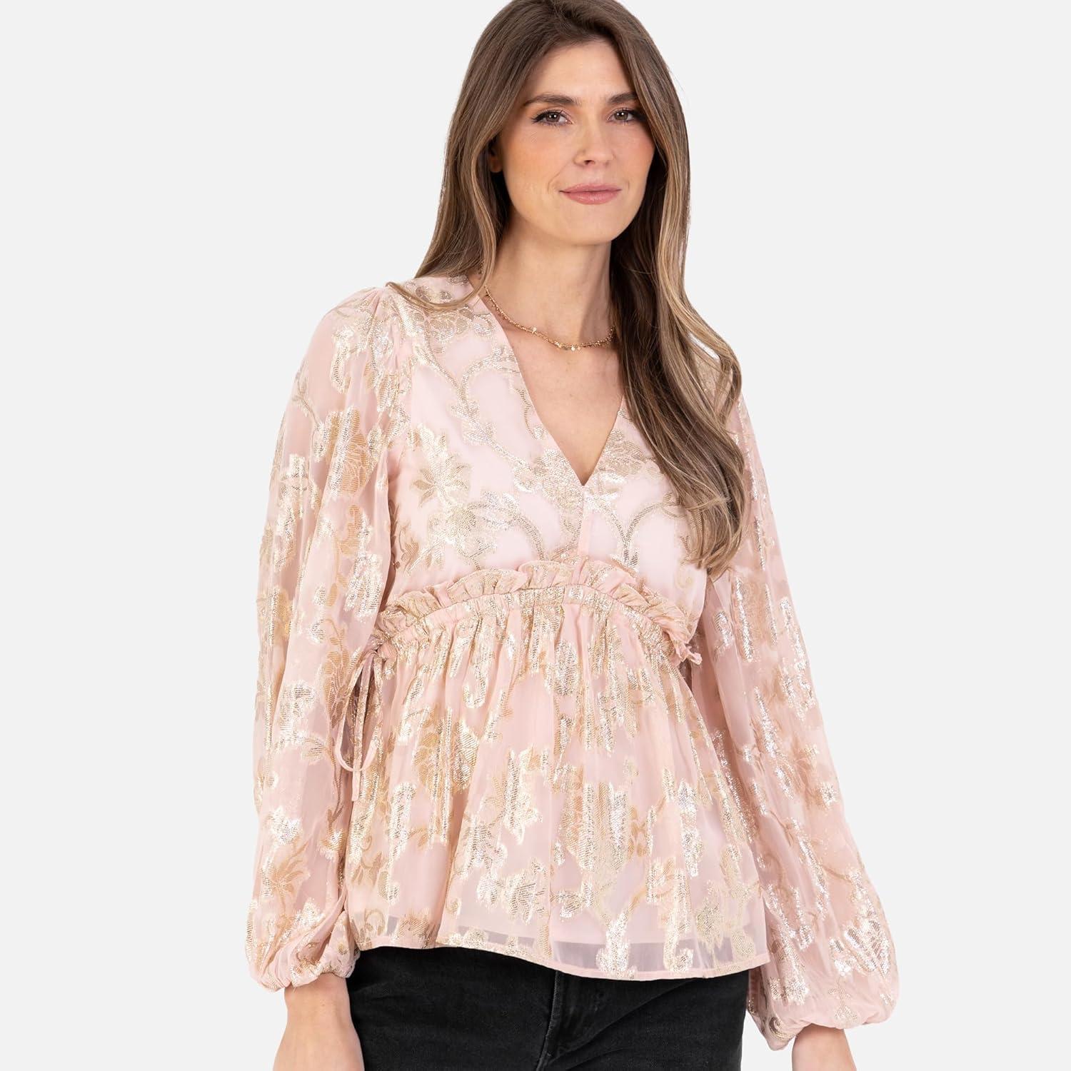 imageLovedrobe Haut Manches Longues pour Femme Col en V Motif Floral Dor Jacquard Ctel Taille Plisse Blouse Femme Lot de 1
