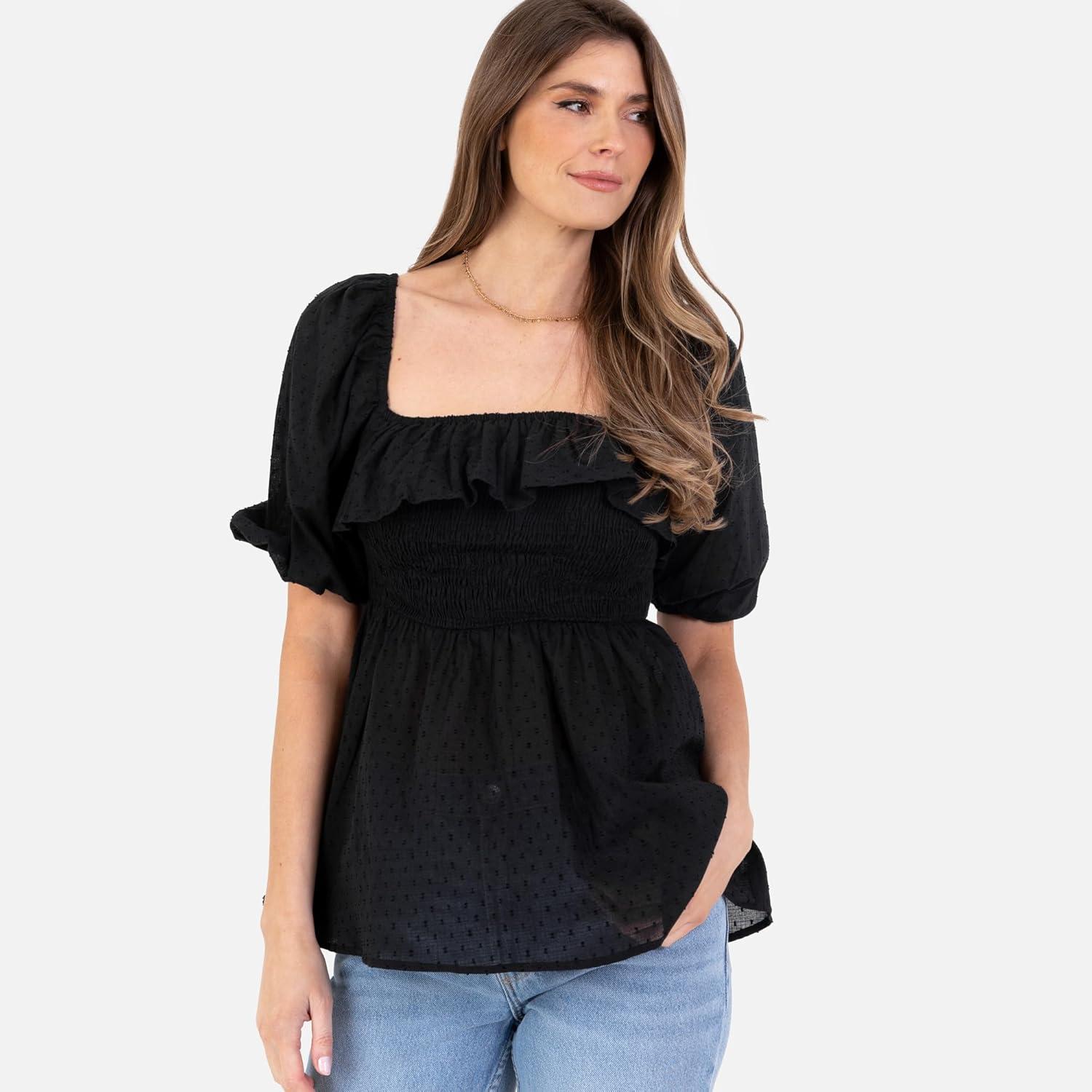 imageLovedrobe Haut Pplum Manches Courtes Bouffantes pour Femme avec Col Carr et Volants Imprim Floral Blouse Femme Lot de 1Noir