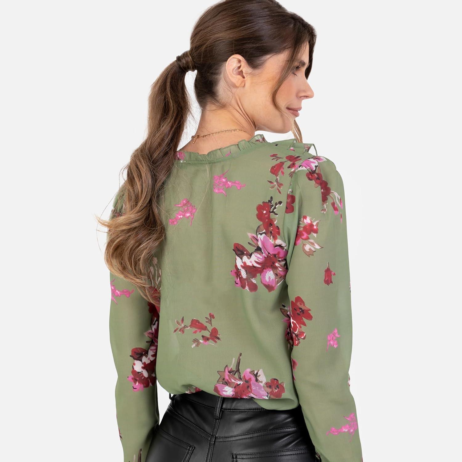 imageLovedrobe Womens Ladies Ruffle VNeck Long Sleeve Buttonup Frills Floral Print Metallic Smart Casual Office Wear Top Blouse FemmeVert