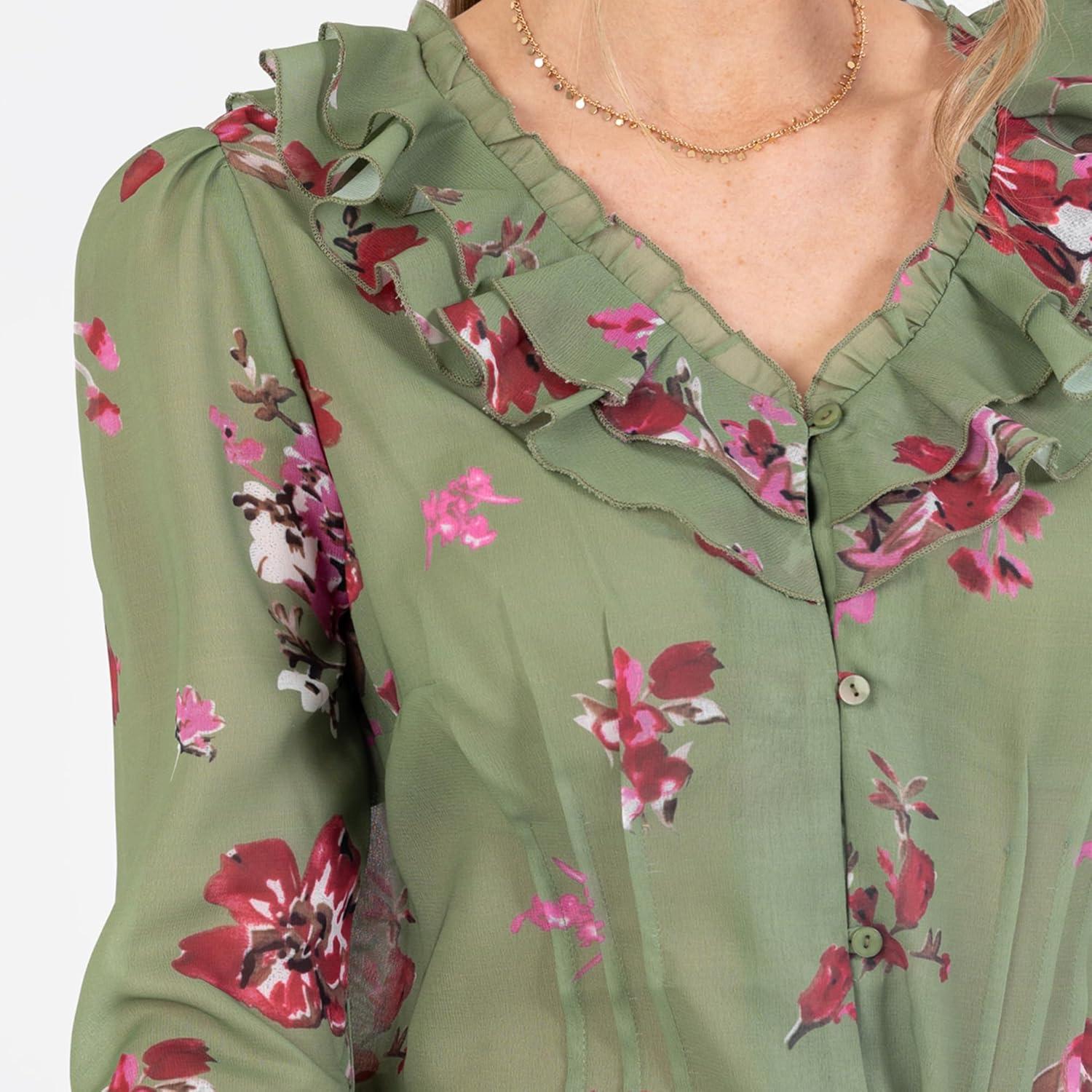 imageLovedrobe Womens Ladies Ruffle VNeck Long Sleeve Buttonup Frills Floral Print Metallic Smart Casual Office Wear Top Blouse FemmeVert