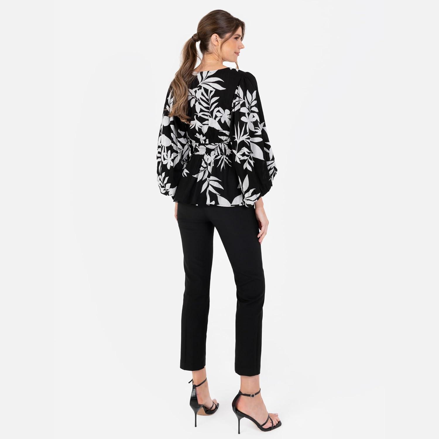 imageLovedrobe Womens Ladies Wrap Top Peplum Blouse VNeck Long Balloon Sleeve Leaf Print Fit and Flare ALine Smart Casual FemmeMonochrome