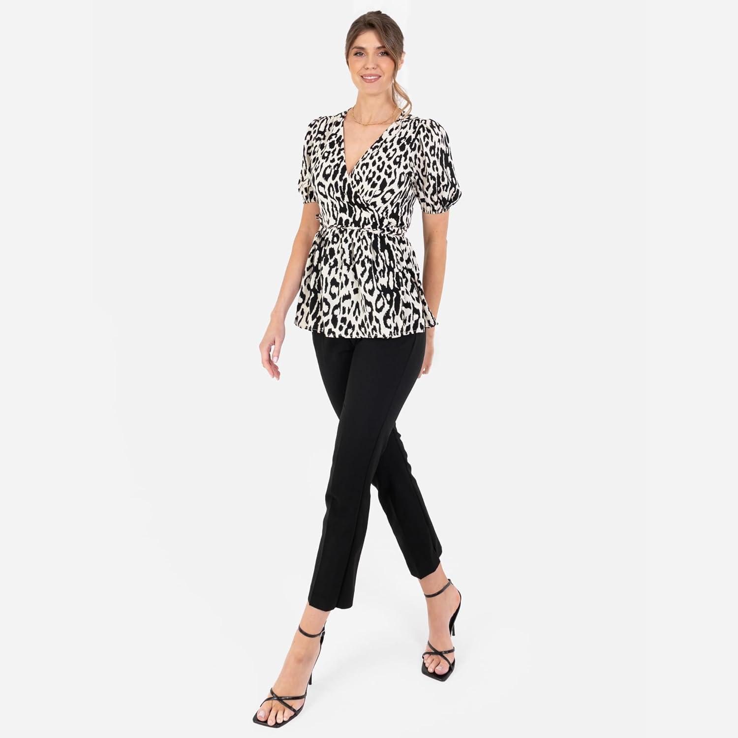 imageLovedrobe Womens Ladies Wrap Top Short Puff Sleeve VNeck Floral Floral Print Peplum Satin Blouse Smart Casual Office Wear Blouse Femme Lot de 1Ivory Animal Print