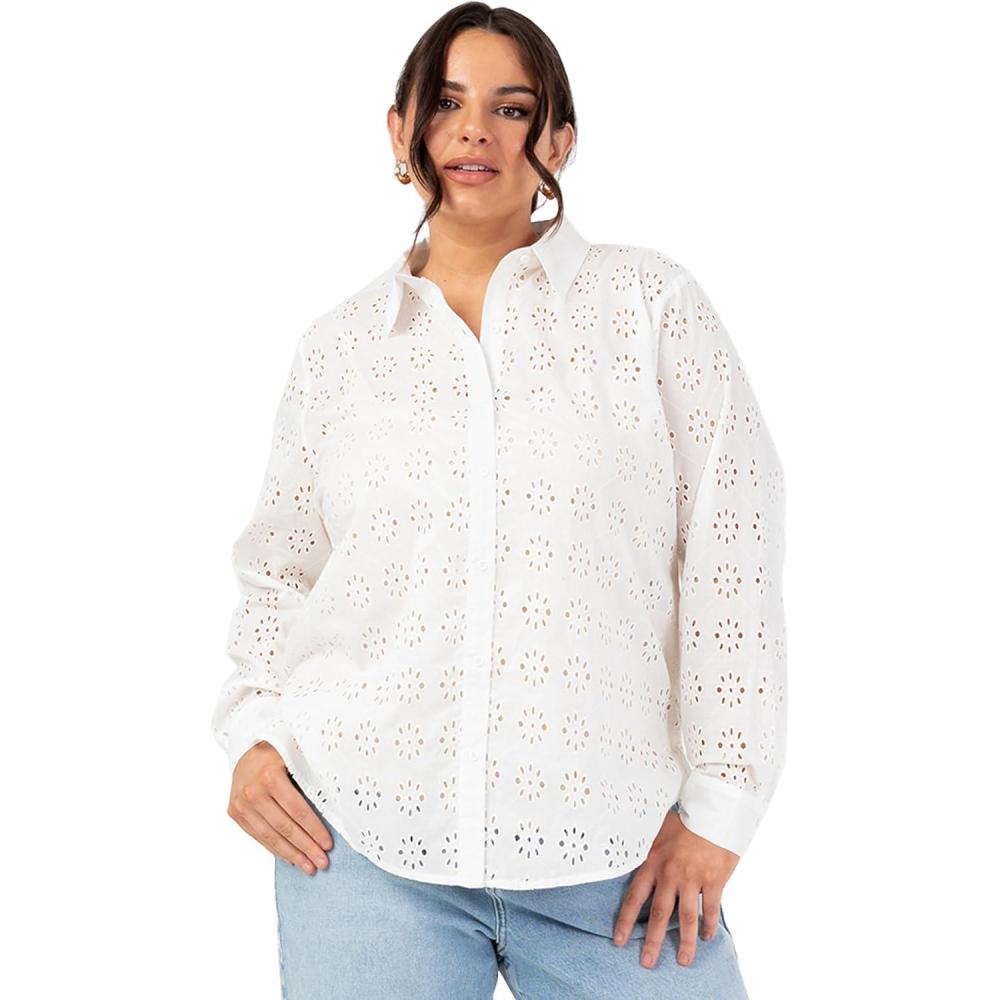 imageLovedrobe Womens Ladies Long Sleeve Shirt Buttonup Broderie Anglaise Floral Side Splits Cotton Casual Summer Occasion Blouse FemmeBlanc