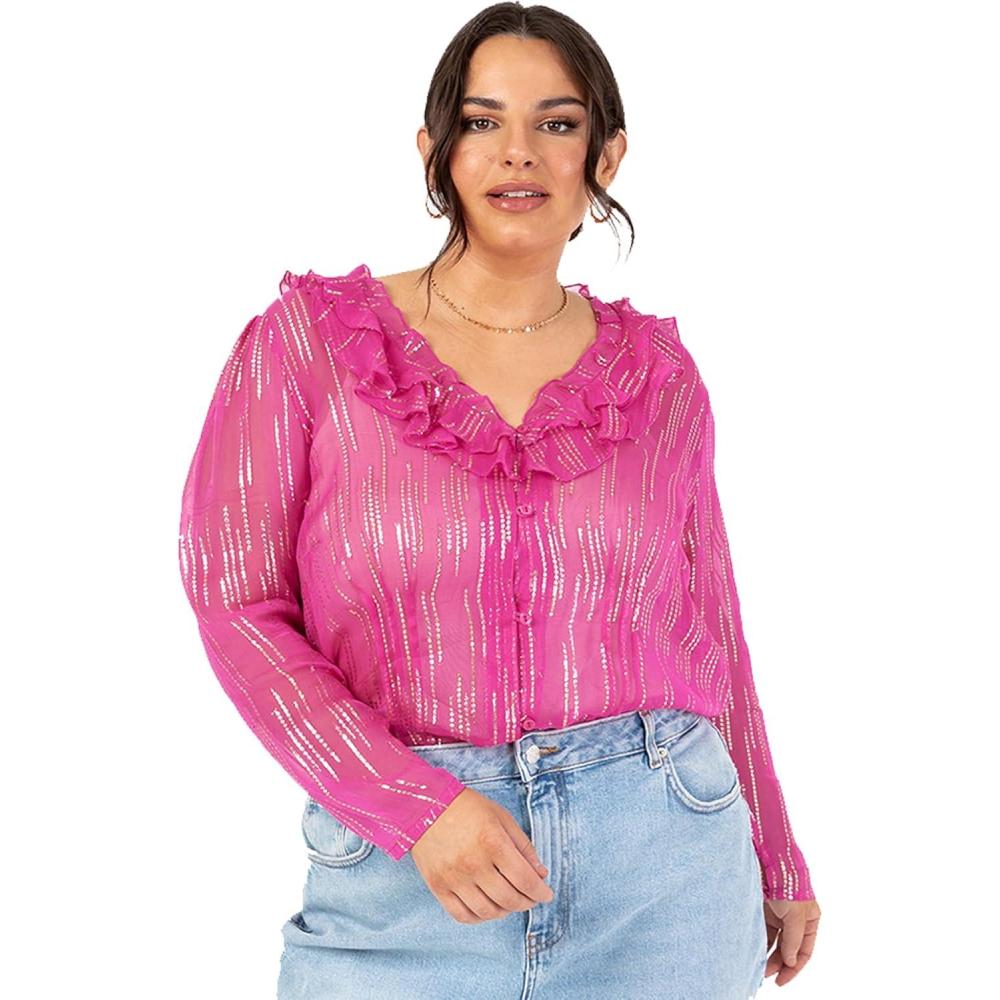 imageLovedrobe Womens Ladies Ruffle VNeck Long Sleeve Buttonup Frills Floral Print Metallic Smart Casual Office Wear Top Blouse FemmeRose