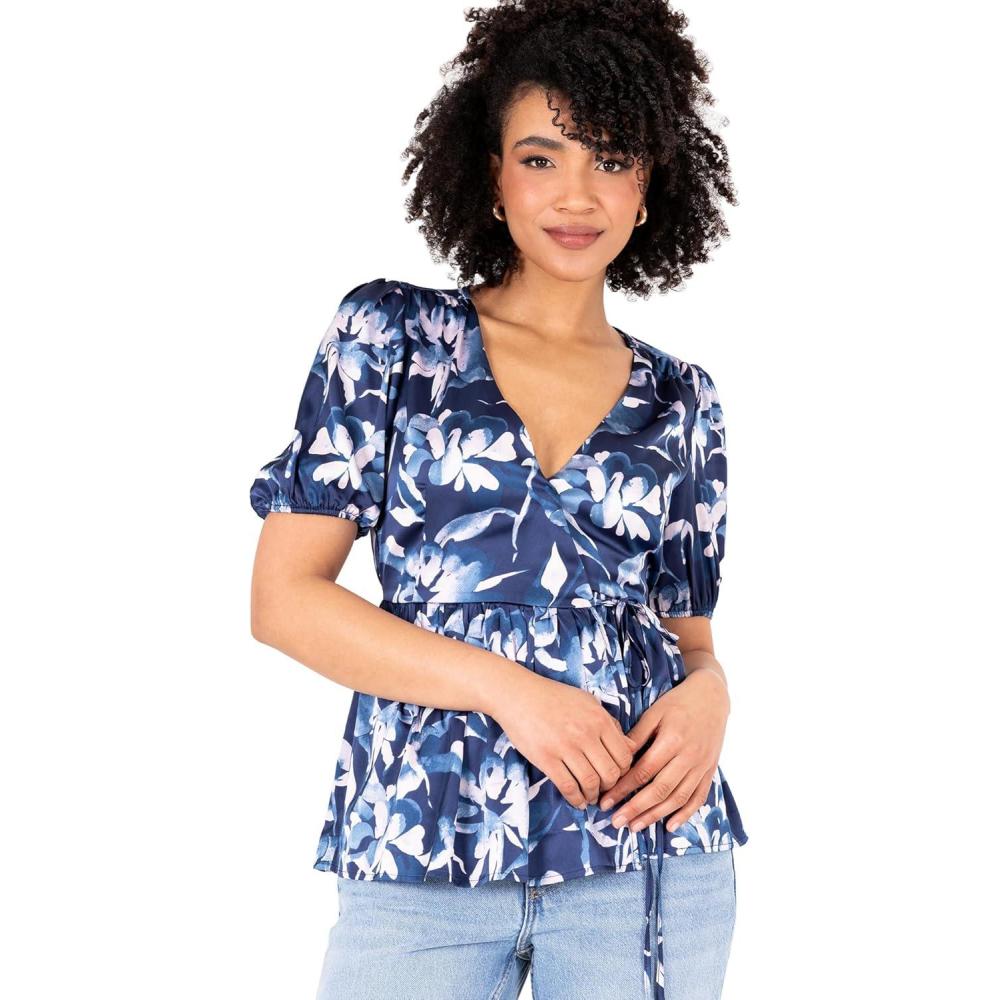 imageLovedrobe Womens Ladies Wrap Top Short Puff Sleeve VNeck Floral Floral Print Peplum Satin Blouse Smart Casual Office Wear Blouse Femme Lot de 1Navy Blue