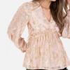 Lovedrobe Haut À Manches Longues pour Femme – Col en V – Motif Floral Doré – Jacquard Côtelé – Taille Plissée Blouse Femme (Lot de 1)