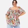 Lovedrobe Haut Péplum À Manches Courtes Bouffantes pour Femme avec Col Carré et Volants – Imprimé Floral Blouse Femme (Lot de 1)(Imprimé Floral)