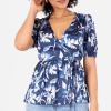 Lovedrobe Women&rsquo;s Ladies Wrap Top Short Puff Sleeve V-Neck Floral Floral Print Peplum Satin Blouse Smart Casual Office Wear Blouse Femme (Lot de 1)(Navy Blue)