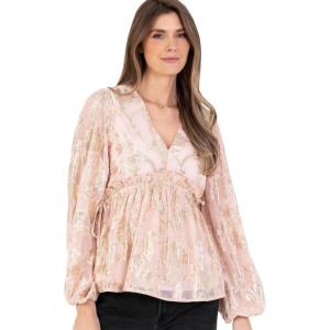 Lovedrobe Haut À Manches Longues pour Femme – Col en V – Motif Floral Doré – Jacquard Côtelé – Taille Plissée Blouse Femme (Lot de 1)