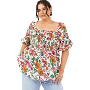 Lovedrobe Haut Péplum À Manches Courtes Bouffantes pour Femme avec Col Carré et Volants – Imprimé Floral Blouse Femme (Lot de 1)(Imprimé Floral)