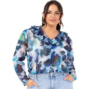 Lovedrobe Women&rsquo;s Ladies Ruffle V-Neck Long Sleeve Button-up Frills Floral Print Metallic Smart Casual Office Wear Top Blouse Femme(Bleu)