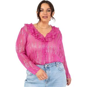 Lovedrobe Women&rsquo;s Ladies Ruffle V-Neck Long Sleeve Button-up Frills Floral Print Metallic Smart Casual Office Wear Top Blouse Femme(Rose)