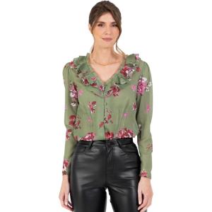 Lovedrobe Women&rsquo;s Ladies Ruffle V-Neck Long Sleeve Button-up Frills Floral Print Metallic Smart Casual Office Wear Top Blouse Femme(Vert)