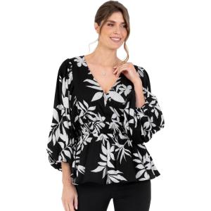 Lovedrobe Women&rsquo;s Ladies Wrap Top Peplum Blouse V-Neck Long Balloon Sleeve Leaf Print Fit and Flare A-Line Smart Casual Femme(Monochrome)