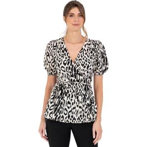 Lovedrobe Women&rsquo;s Ladies Wrap Top Short Puff Sleeve V-Neck Floral Floral Print Peplum Satin Blouse Smart Casual Office Wear Blouse Femme (Lot de 1)(Ivory Animal Print)