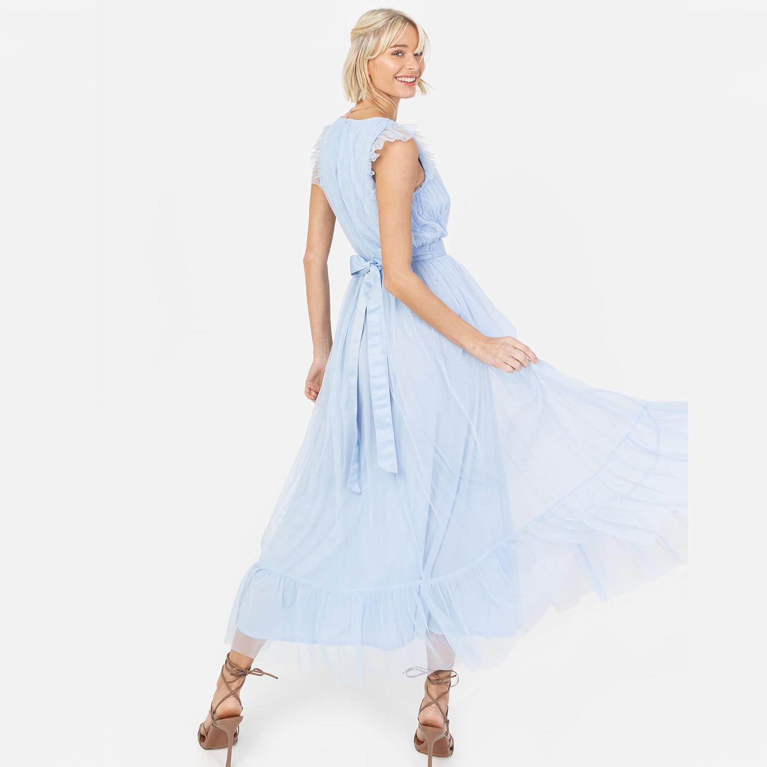 imageAnaya with Love Ladies Maxi Dress for Women V Neckline Sleeveless Frilly for Wedding Guest Bridesmaid Prom Long High Empire Waist Tiered Robe Femme Lot de 1Light Blue