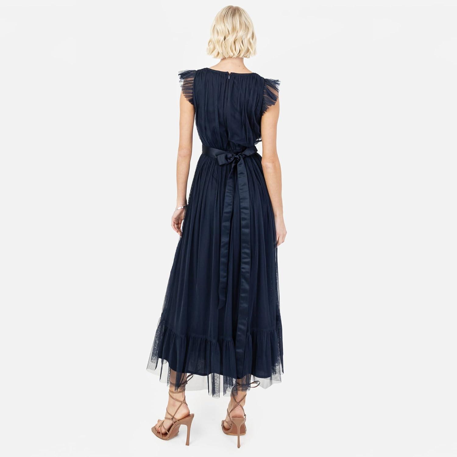 imageAnaya with Love Ladies Maxi Dress for Women V Neckline Sleeveless Frilly for Wedding Guest Bridesmaid Prom Long High Empire Waist Tiered Robe Femme Lot de 1Navy Blue