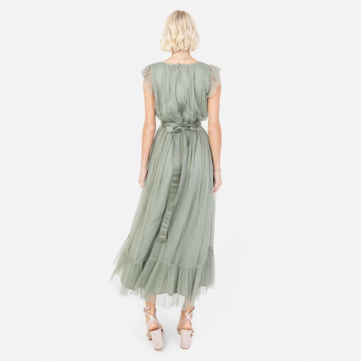 imageAnaya with Love Ladies Maxi Dress for Women V Neckline Sleeveless Frilly for Wedding Guest Bridesmaid Prom Long High Empire Waist Tiered Robe Femme Lot de 1Frosted Green