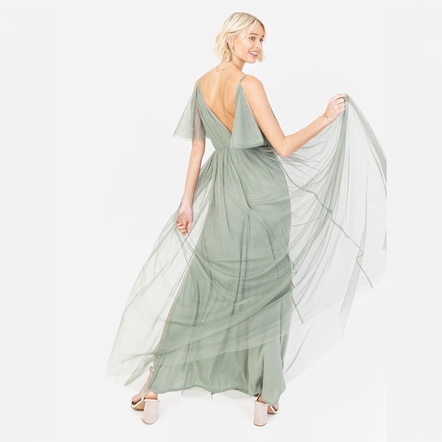 imageAnaya with Love Ladies Women Dress Maxi Short Sleeve Cami V Neckline Long Length Empire Waist Bridesmaid Wedding Guest Prom Robe FemmeFrosty Green