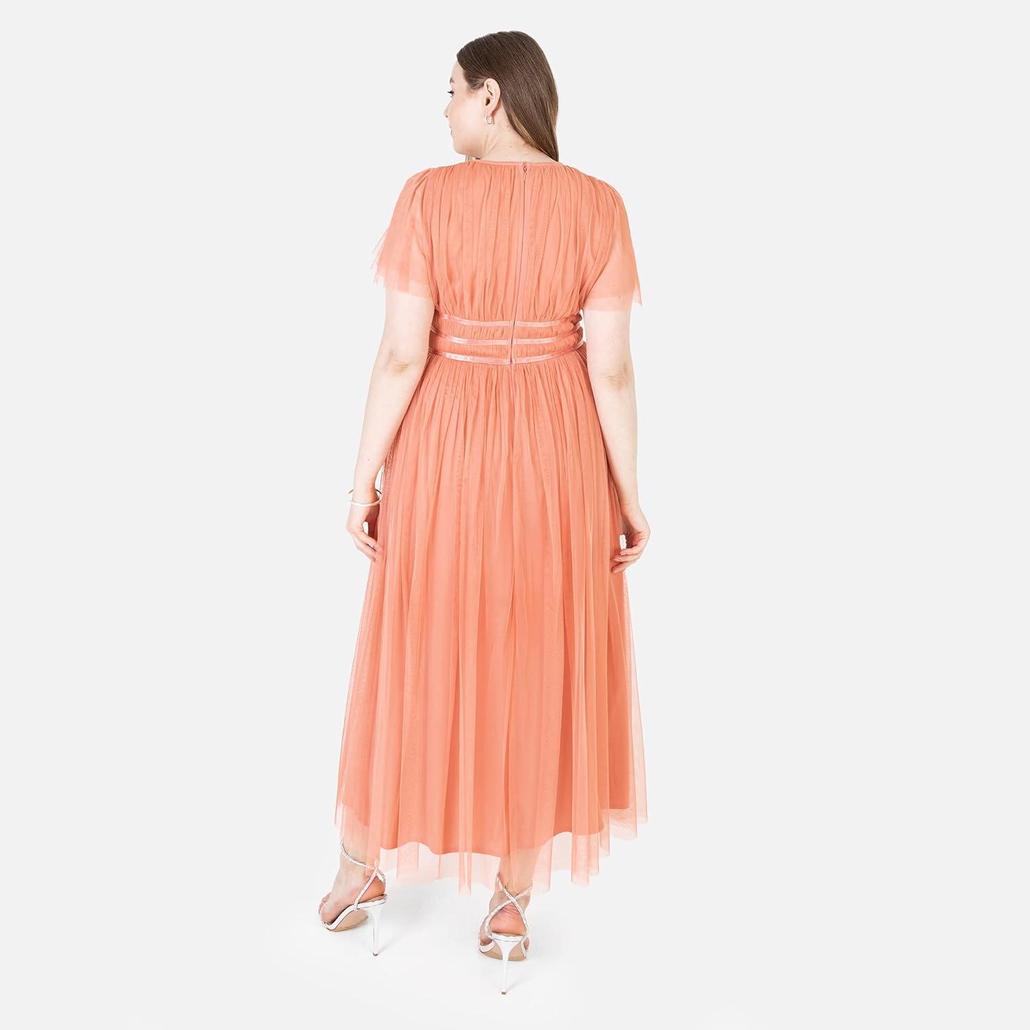 imageAnaya with Love Womens Ladies Midaxi Dress High Waist Keyhole Short Flutter Sleeve Crew Neckline for Wedding Guest Bridesmaids PromCoral Pink