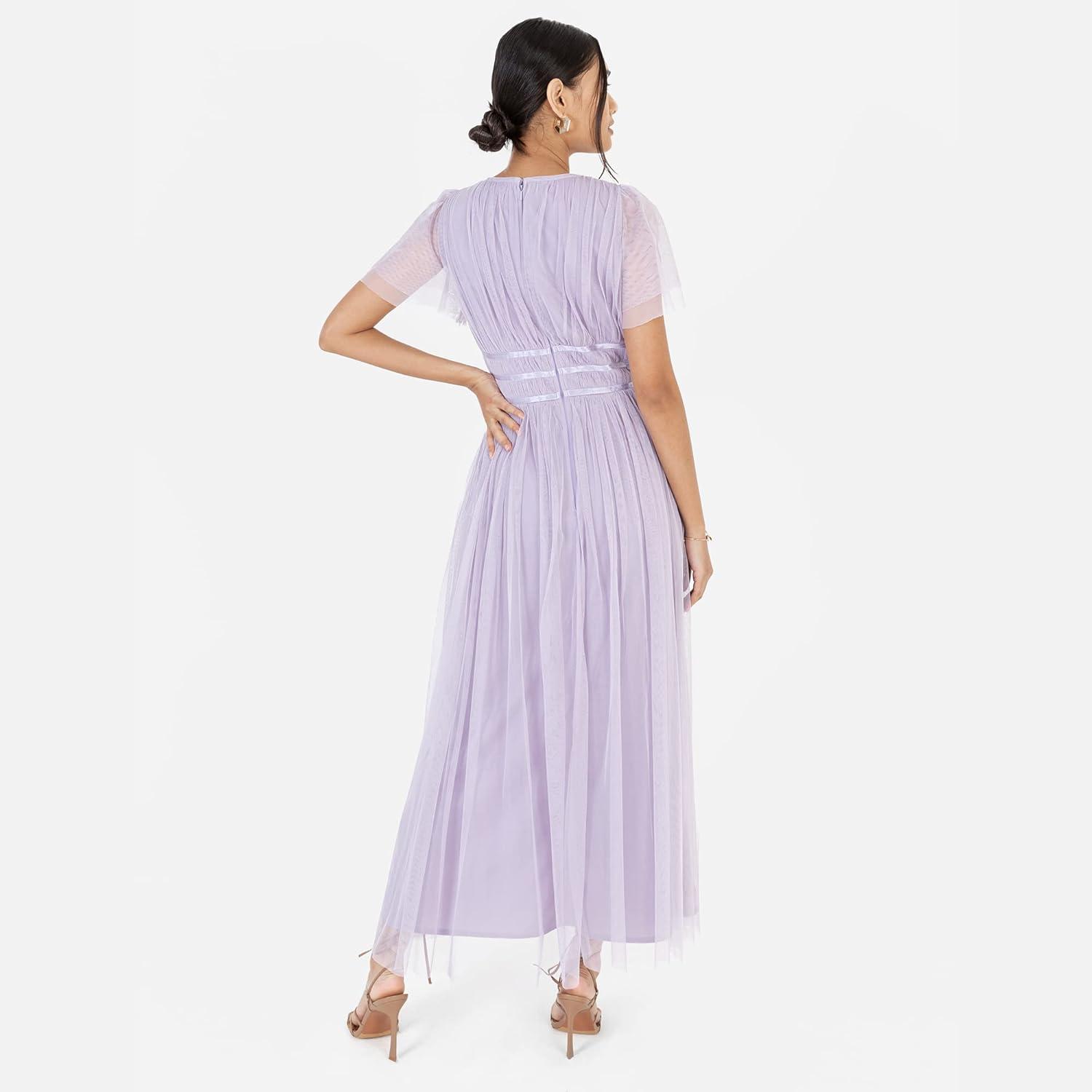 imageAnaya with Love Womens Ladies Midaxi Dress High Waist Keyhole Short Flutter Sleeve Crew Neckline for Wedding Guest Bridesmaids PromDusty Lilac