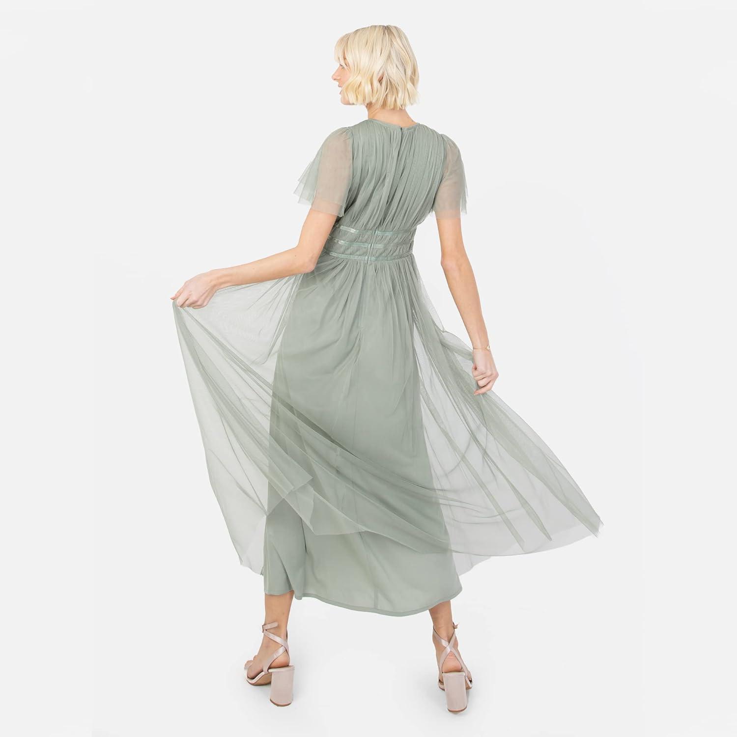 imageAnaya with Love Womens Ladies Midaxi Dress High Waist Keyhole Short Flutter Sleeve Crew Neckline for Wedding Guest Bridesmaids PromFrosty Green