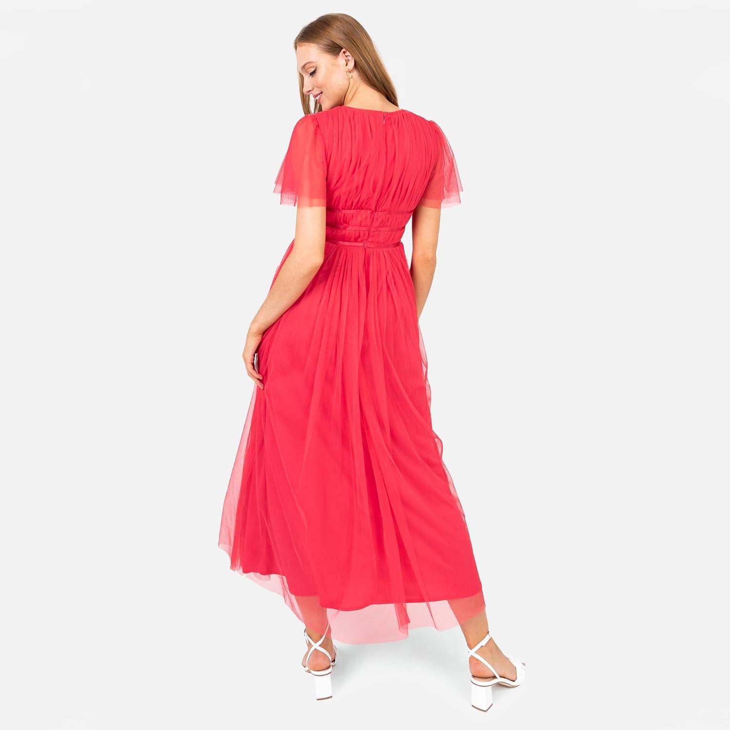imageAnaya with Love Womens Ladies Midaxi Dress High Waist Keyhole Short Flutter Sleeve Crew Neckline for Wedding Guest Bridesmaids PromParadise Pink