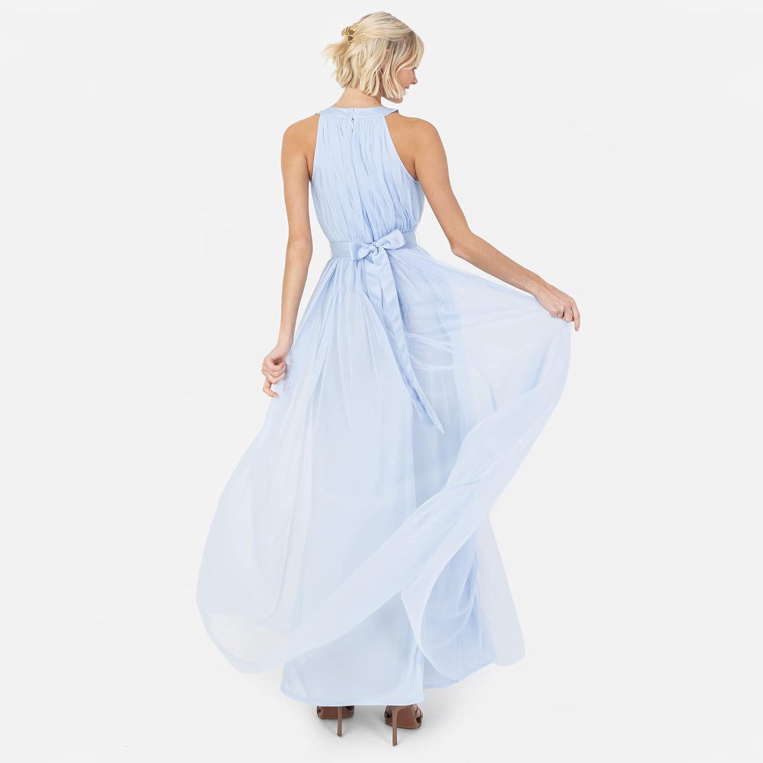 imageAnaya with LoveRobe Longue Robe De Soire Robe Femme Chic Col Licou Long sans Manches avec Ceinture Robe De Bal Demoiselle dhonneurBleu Clair