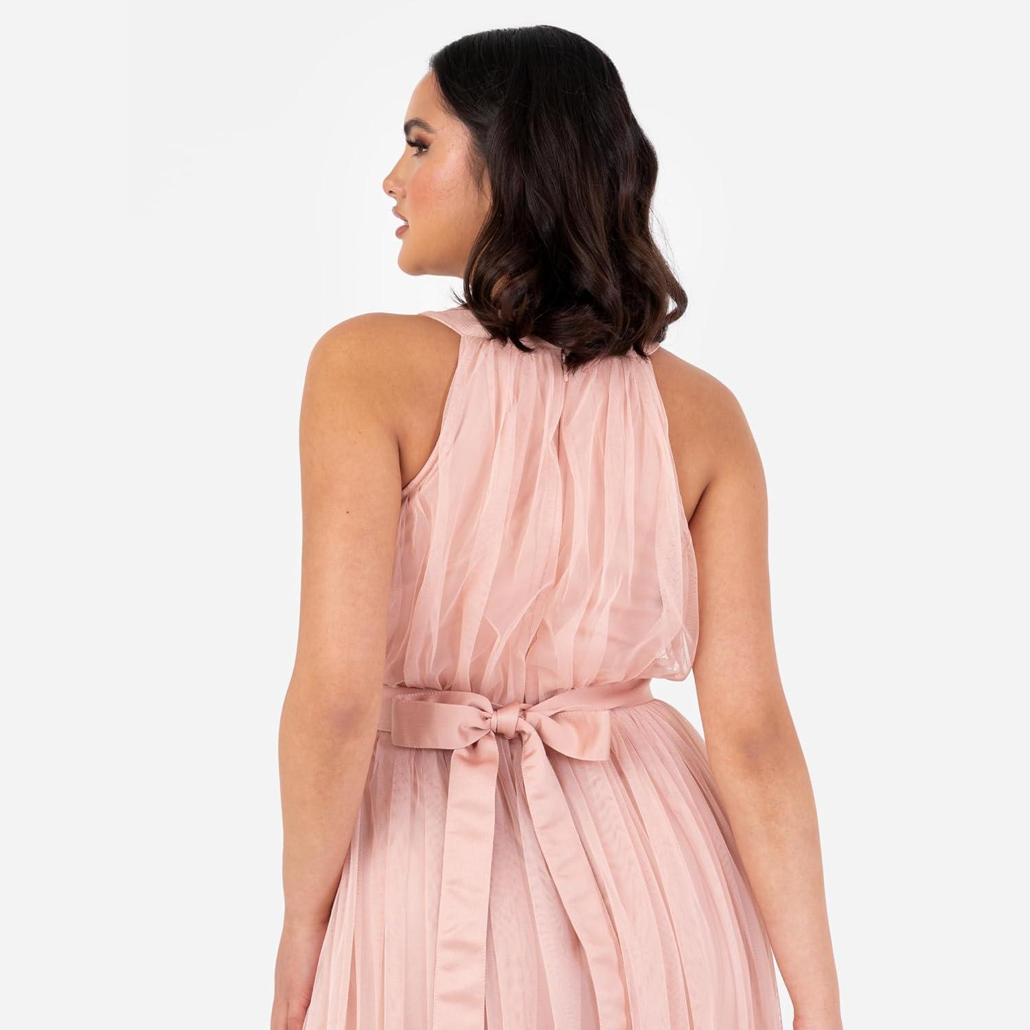 imageAnaya with LoveRobe Longue Robe De Soire Robe Femme Chic Col Licou Long sans Manches avec Ceinture Robe De Bal Demoiselle dhonneurBlush Peach