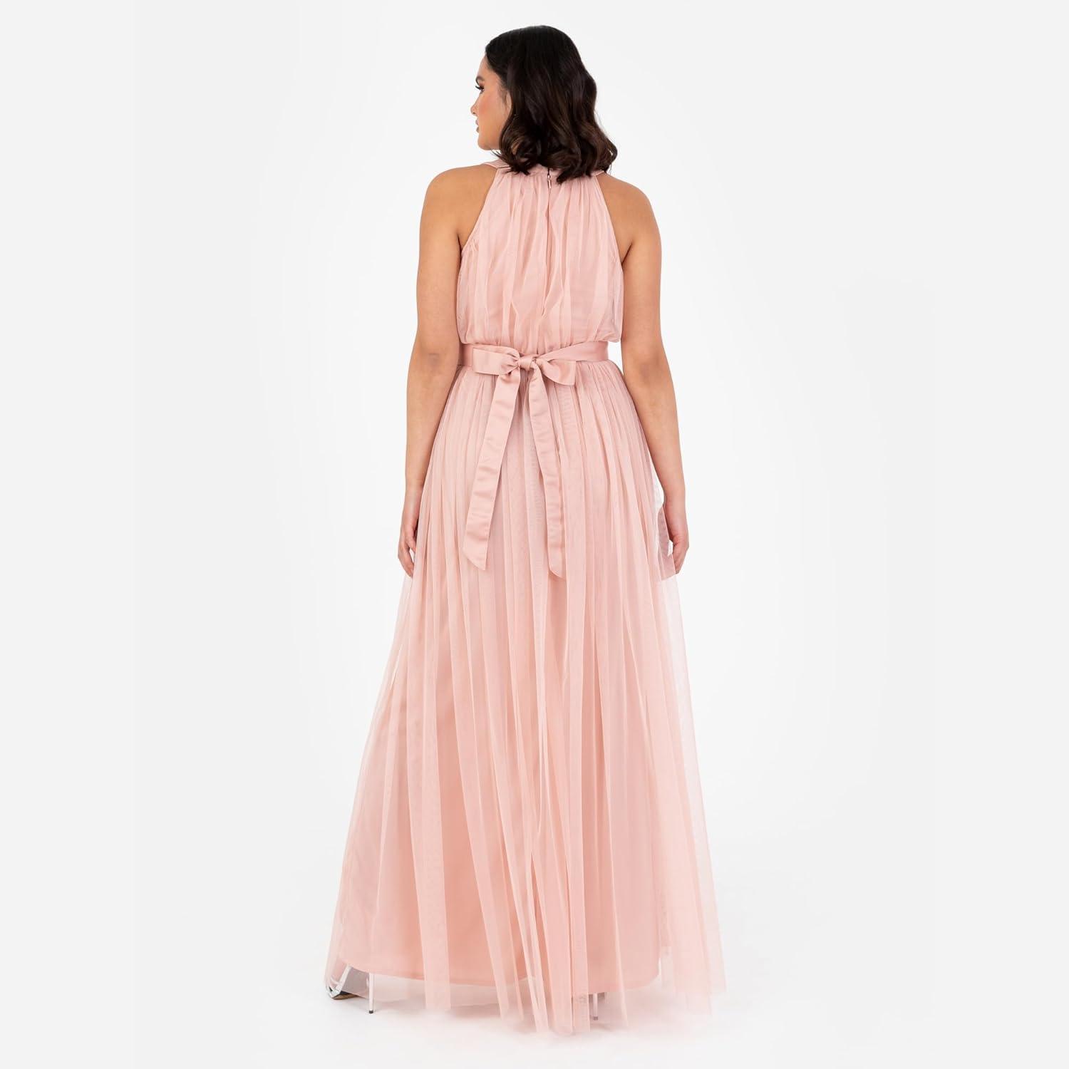 imageAnaya with LoveRobe Longue Robe De Soire Robe Femme Chic Col Licou Long sans Manches avec Ceinture Robe De Bal Demoiselle dhonneurBlush Peach