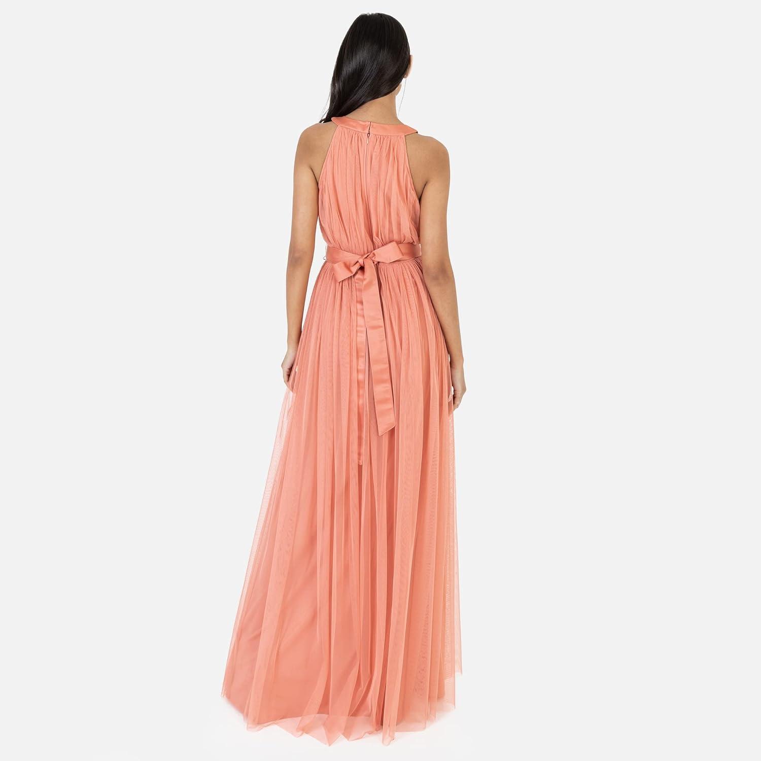 imageAnaya with LoveRobe Longue Robe De Soire Robe Femme Chic Col Licou Long sans Manches avec Ceinture Robe De Bal Demoiselle dhonneurCorail