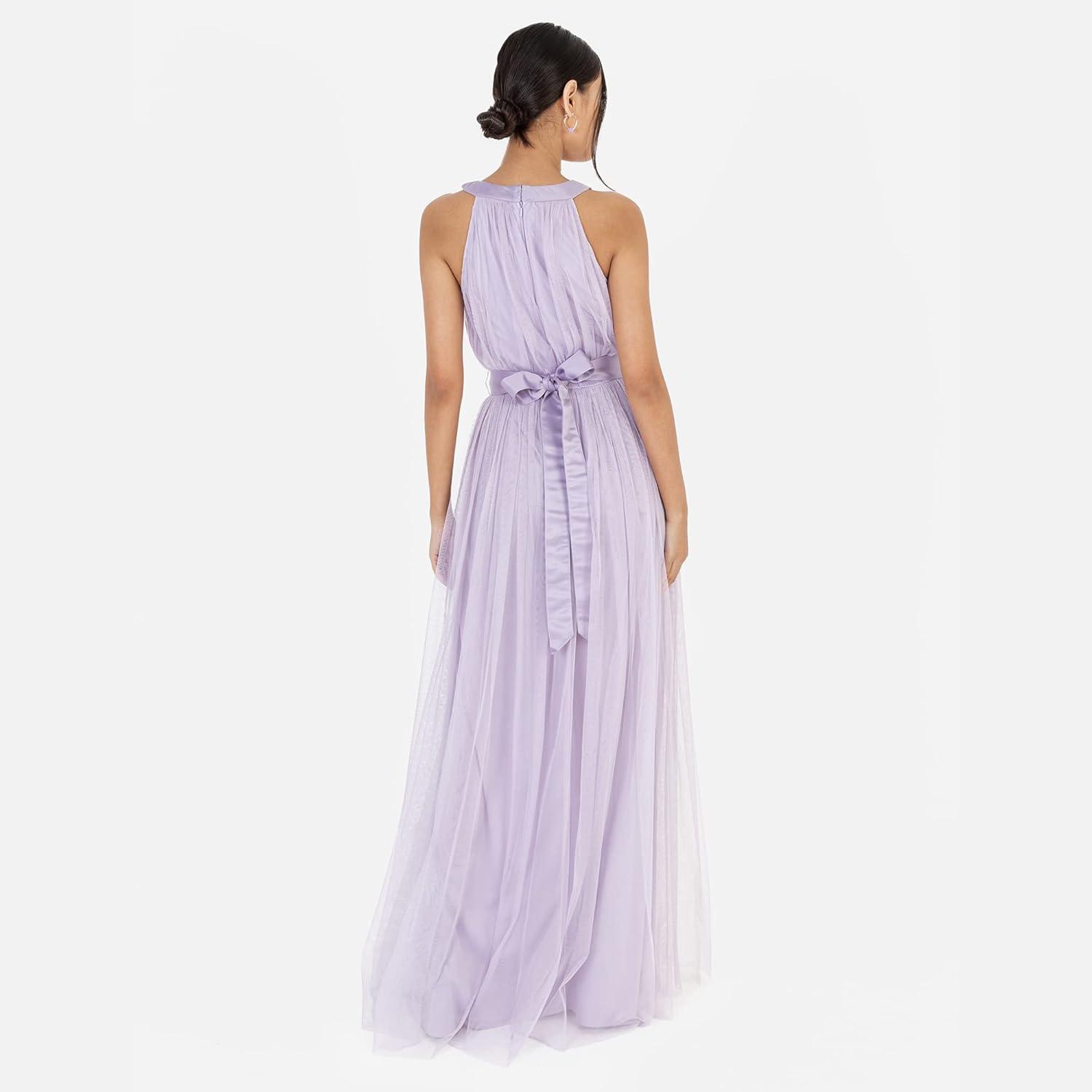 imageAnaya with LoveRobe Longue Robe De Soire Robe Femme Chic Col Licou Long sans Manches avec Ceinture Robe De Bal Demoiselle dhonneurLilas Ple