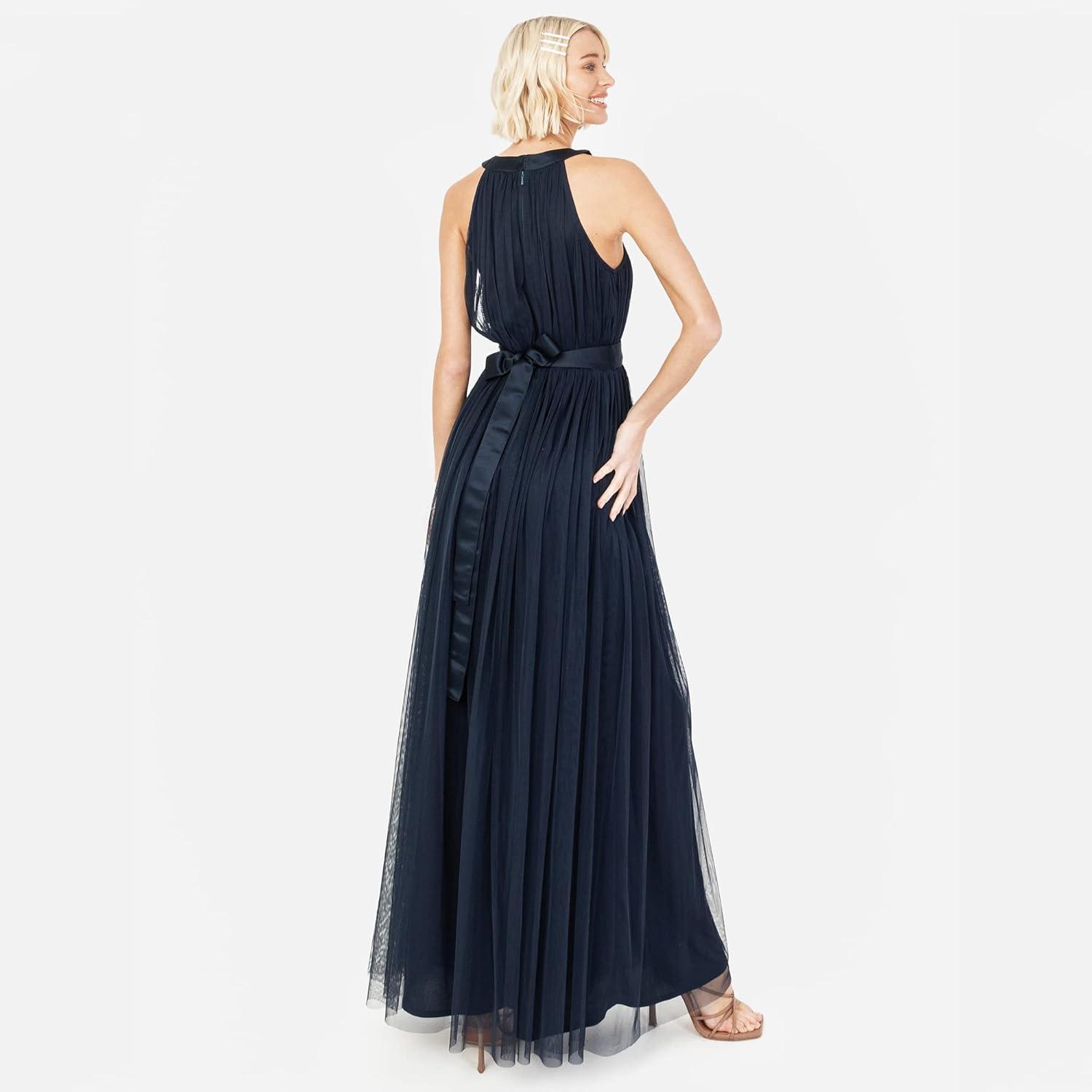 imageAnaya with LoveRobe Longue Robe De Soire Robe Femme Chic Col Licou Long sans Manches avec Ceinture Robe De Bal Demoiselle dhonneurMarine