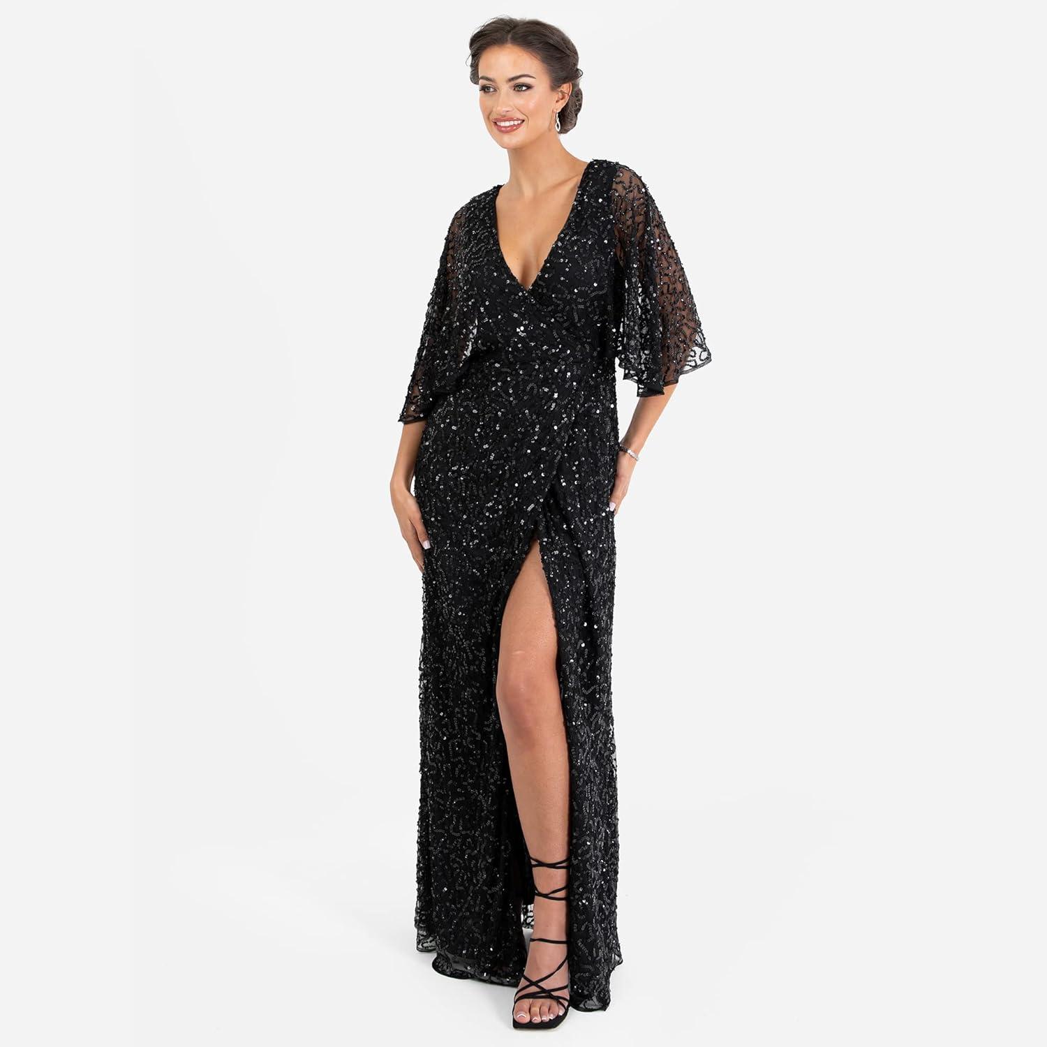 imageMaya Deluxe Womens Maxi Ladies Sequin Embellished Wrap ALine Dress for Wedding Guest Bridesmaid Evening Prom Ball OccasionNoir