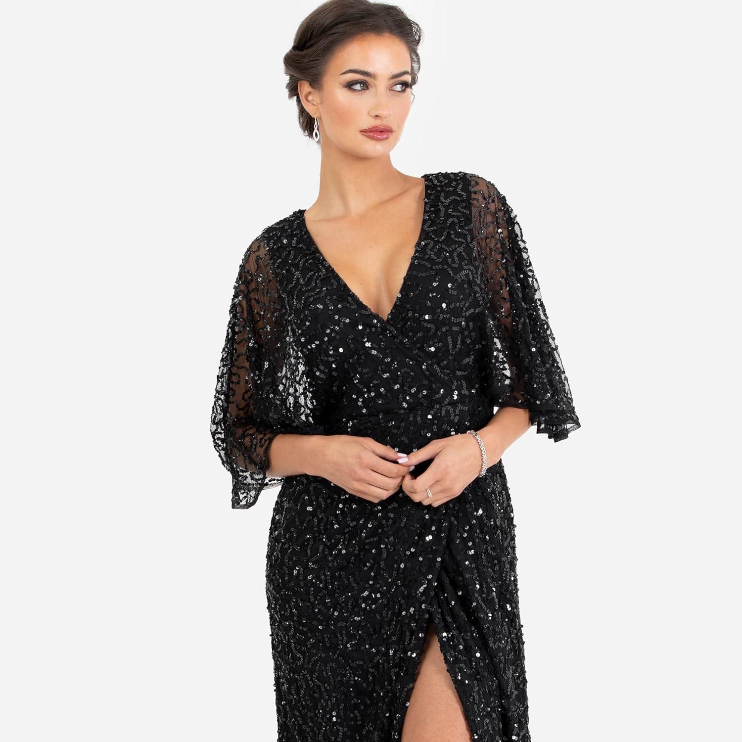 imageMaya Deluxe Womens Maxi Ladies Sequin Embellished Wrap ALine Dress for Wedding Guest Bridesmaid Evening Prom Ball OccasionNoir