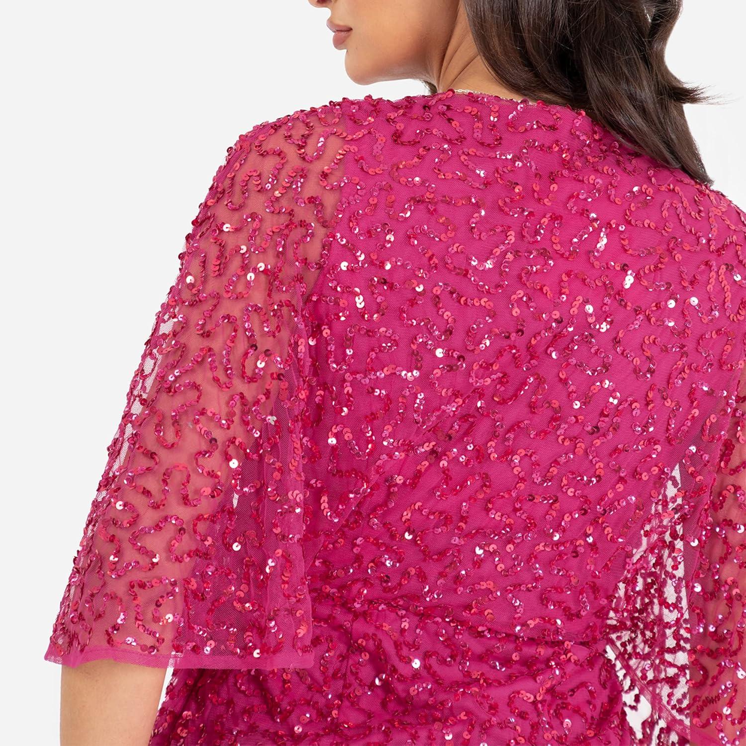 imageMaya Deluxe Womens Midi Ladies Sequin Embellished Cape Sleeve Wrap Dress for Wedding Guest Bridesmaid Cocktail Prom Evening Robe FemmeFuchsia