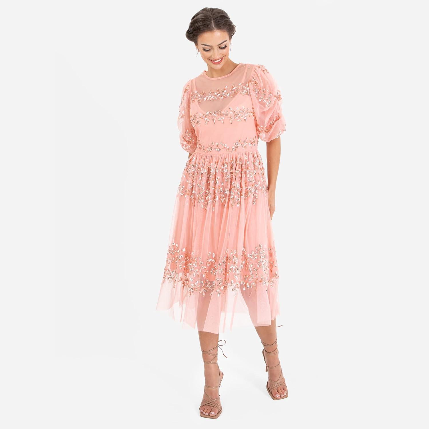 imageMaya Deluxe Womens Midi Ladies Sequin Embellished Short Sleeve Dress for Wedding Guest Bridesmaid Prom Ball Evening Occasion Robe FemmeApricot Blush
