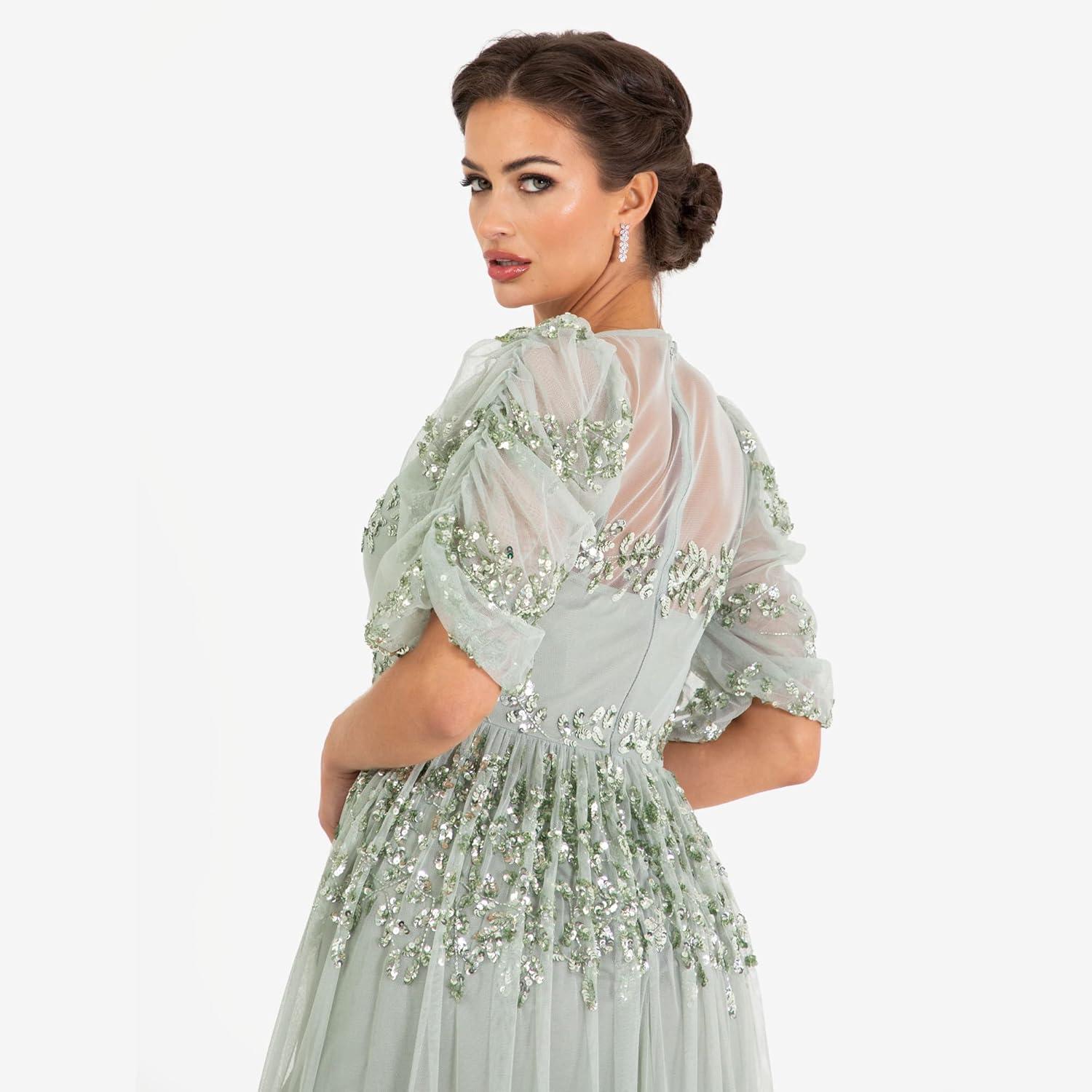 imageMaya Deluxe Womens Midi Ladies Sequin Embellished Short Sleeve Dress for Wedding Guest Bridesmaid Prom Ball Evening Occasion Robe FemmeGreen Lily