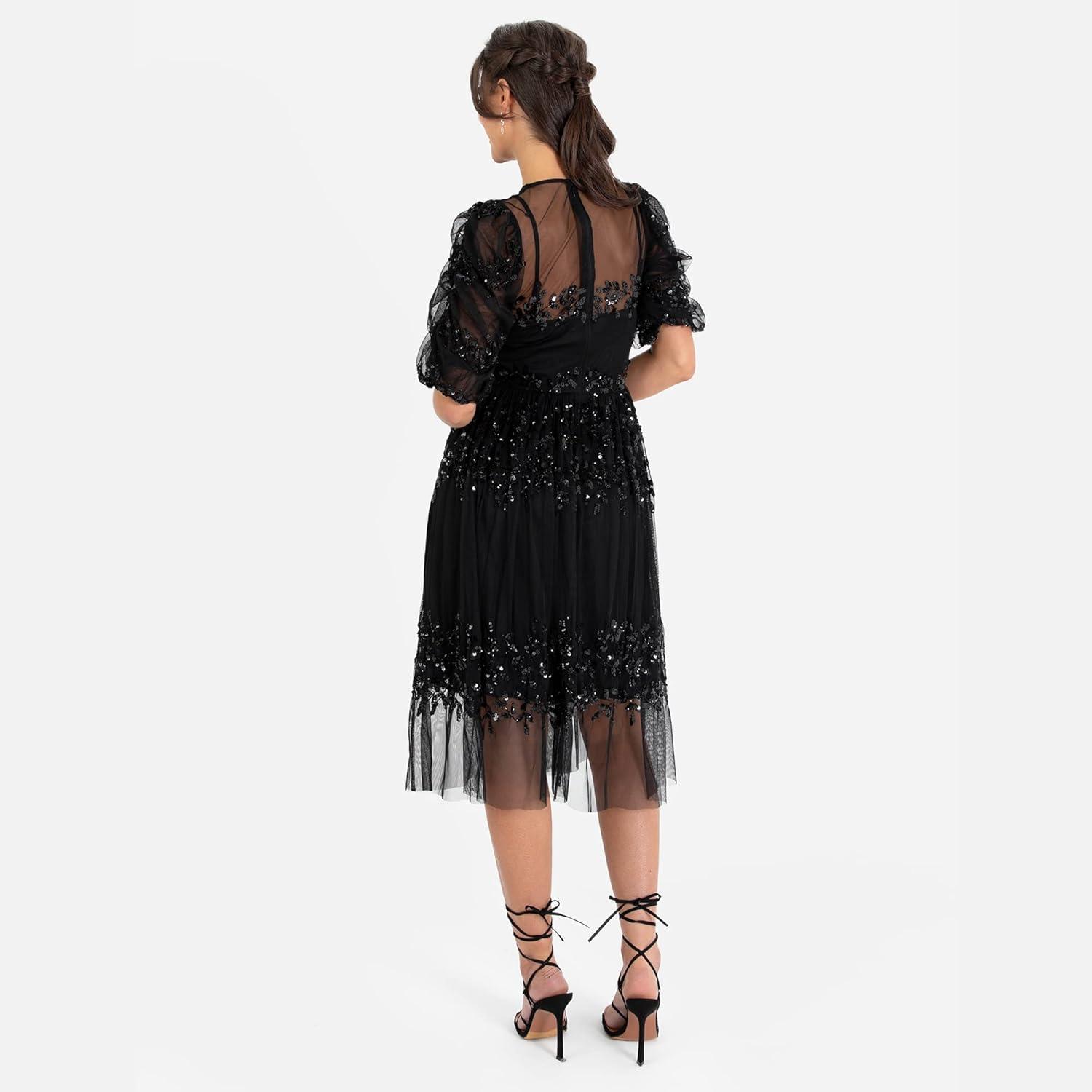 imageMaya Deluxe Womens Midi Ladies Sequin Embellished Short Sleeve Dress for Wedding Guest Bridesmaid Prom Ball Evening Occasion Robe FemmeNoir