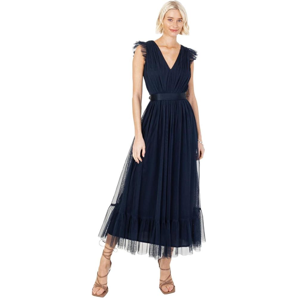 imageAnaya with Love Ladies Maxi Dress for Women V Neckline Sleeveless Frilly for Wedding Guest Bridesmaid Prom Long High Empire Waist Tiered Robe Femme Lot de 1Navy Blue