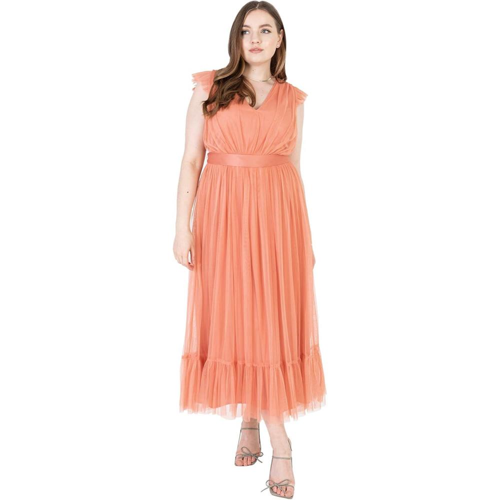 imageAnaya with Love Ladies Maxi Dress for Women V Neckline Sleeveless Frilly for Wedding Guest Bridesmaid Prom Long High Empire Waist Tiered Robe Femme Lot de 1Coral Pink