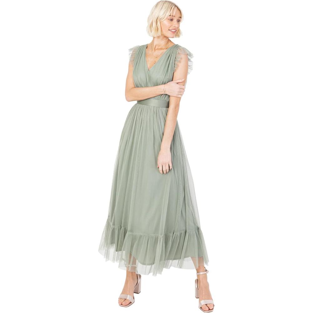 imageAnaya with Love Ladies Maxi Dress for Women V Neckline Sleeveless Frilly for Wedding Guest Bridesmaid Prom Long High Empire Waist Tiered Robe Femme Lot de 1Frosted Green
