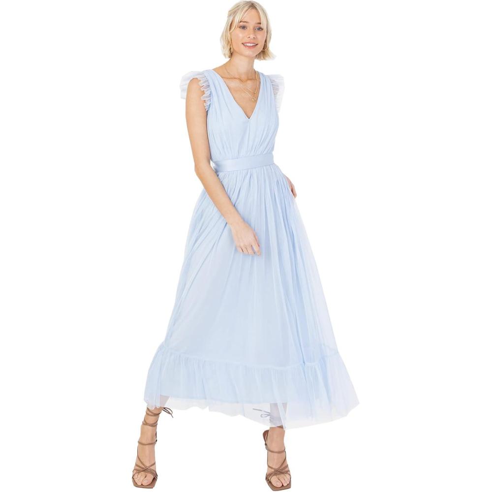 imageAnaya with Love Ladies Maxi Dress for Women V Neckline Sleeveless Frilly for Wedding Guest Bridesmaid Prom Long High Empire Waist Tiered Robe Femme Lot de 1Light Blue