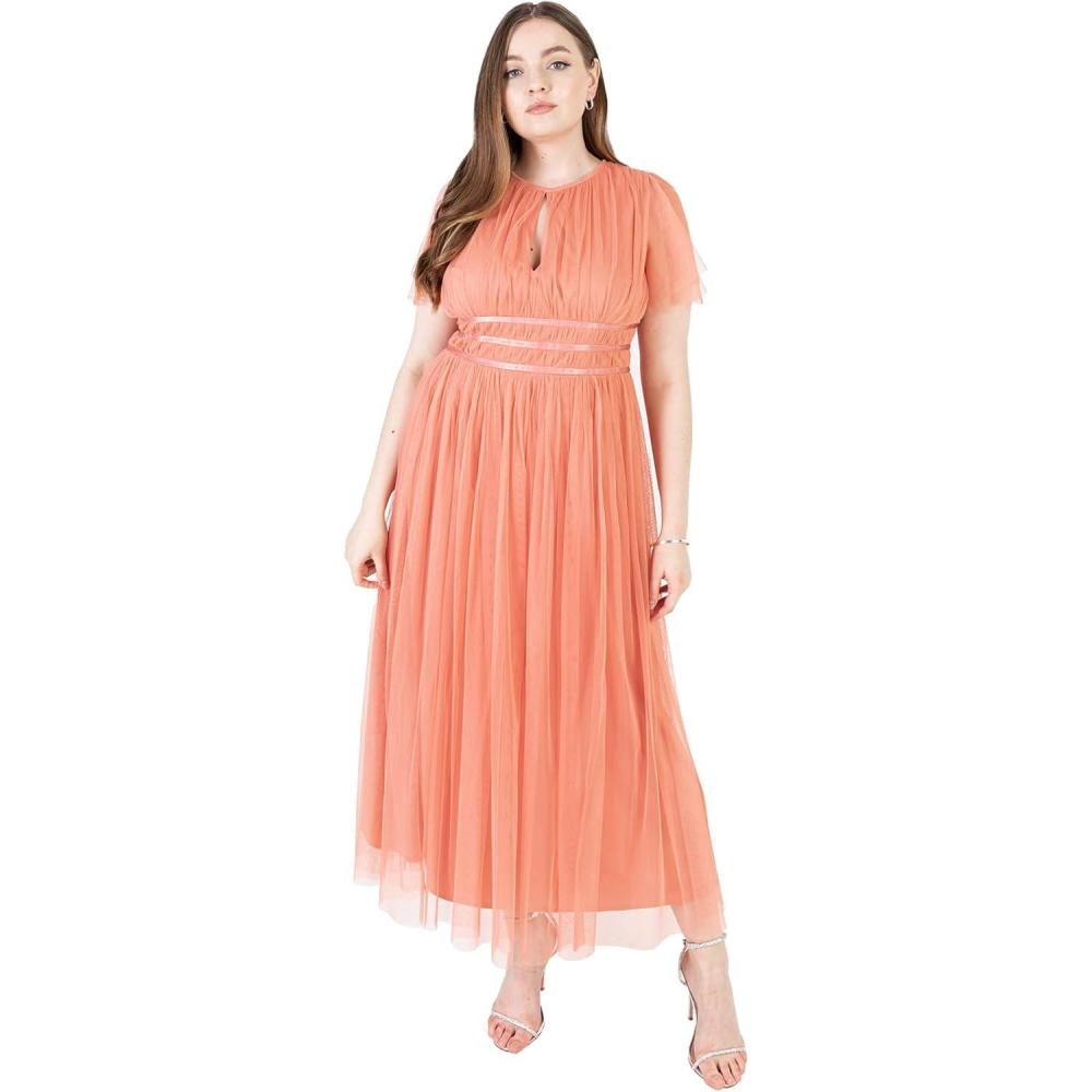 imageAnaya with Love Womens Ladies Midaxi Dress High Waist Keyhole Short Flutter Sleeve Crew Neckline for Wedding Guest Bridesmaids PromCoral Pink