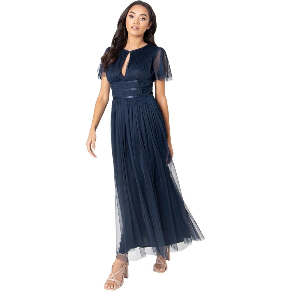 imageAnaya with Love Womens Ladies Midaxi Dress High Waist Keyhole Short Flutter Sleeve Crew Neckline for Wedding Guest Bridesmaids PromNavy Blue